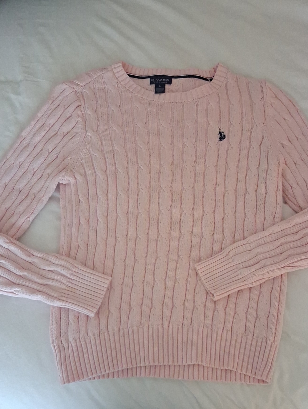 U.S. Polo Assn. Women's Cable Crew Sweater in Pale Pink
